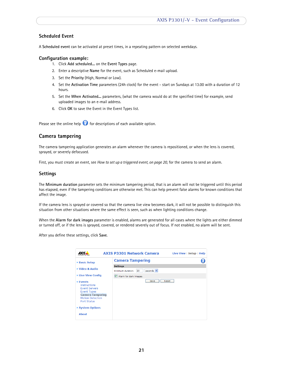 Camera tampering | Axis Communications Fixed Dome Network Camera AXIS P3301-V User Manual | Page 21 / 50