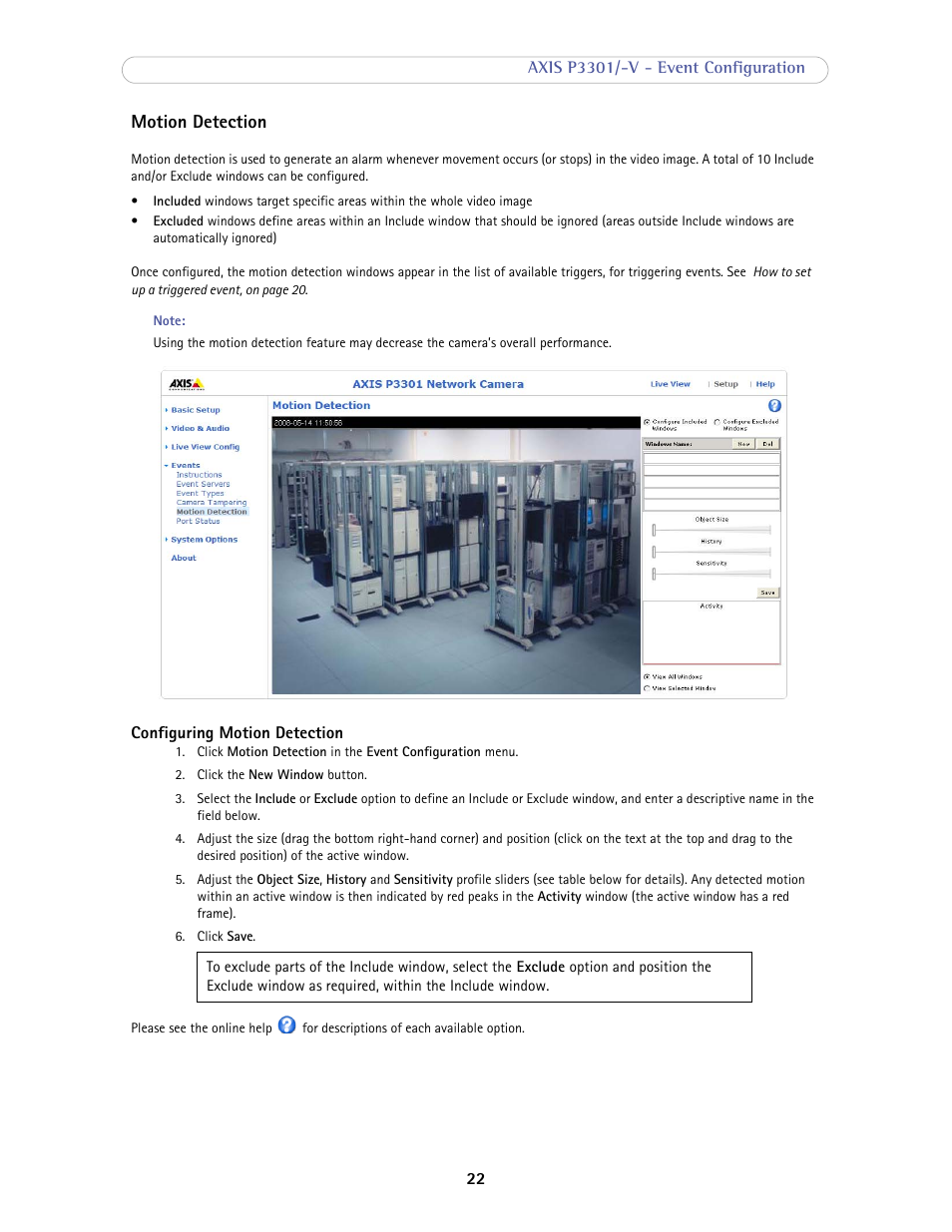 Motion detection | Axis Communications Fixed Dome Network Camera AXIS P3301-V User Manual | Page 22 / 50