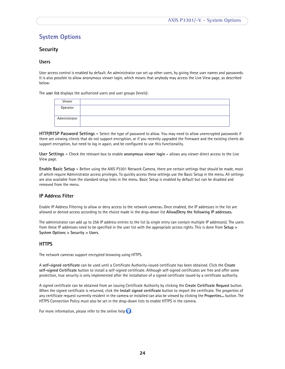 System options, Security | Axis Communications Fixed Dome Network Camera AXIS P3301-V User Manual | Page 24 / 50