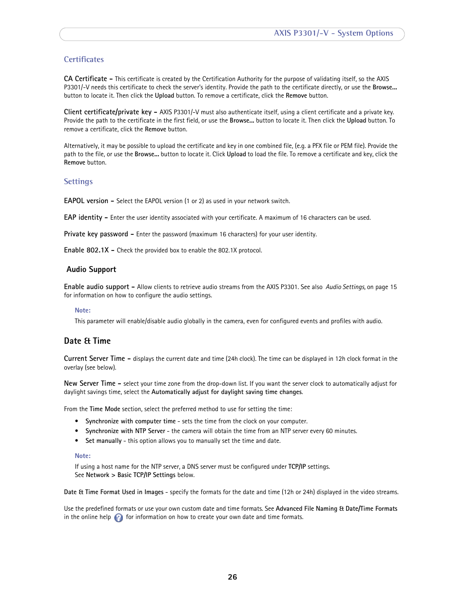 Date & time | Axis Communications Fixed Dome Network Camera AXIS P3301-V User Manual | Page 26 / 50