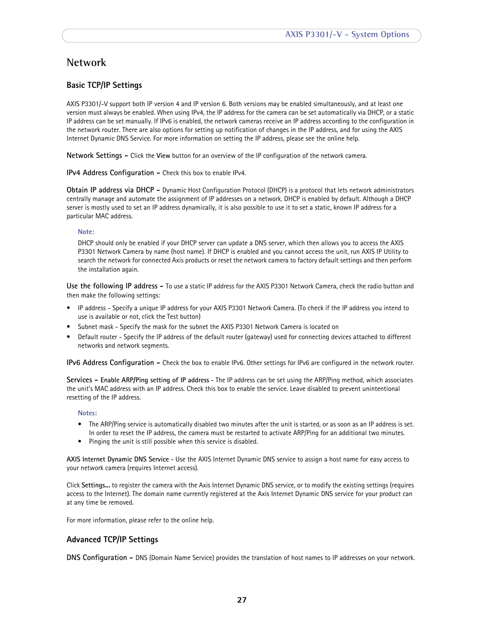 Network | Axis Communications Fixed Dome Network Camera AXIS P3301-V User Manual | Page 27 / 50
