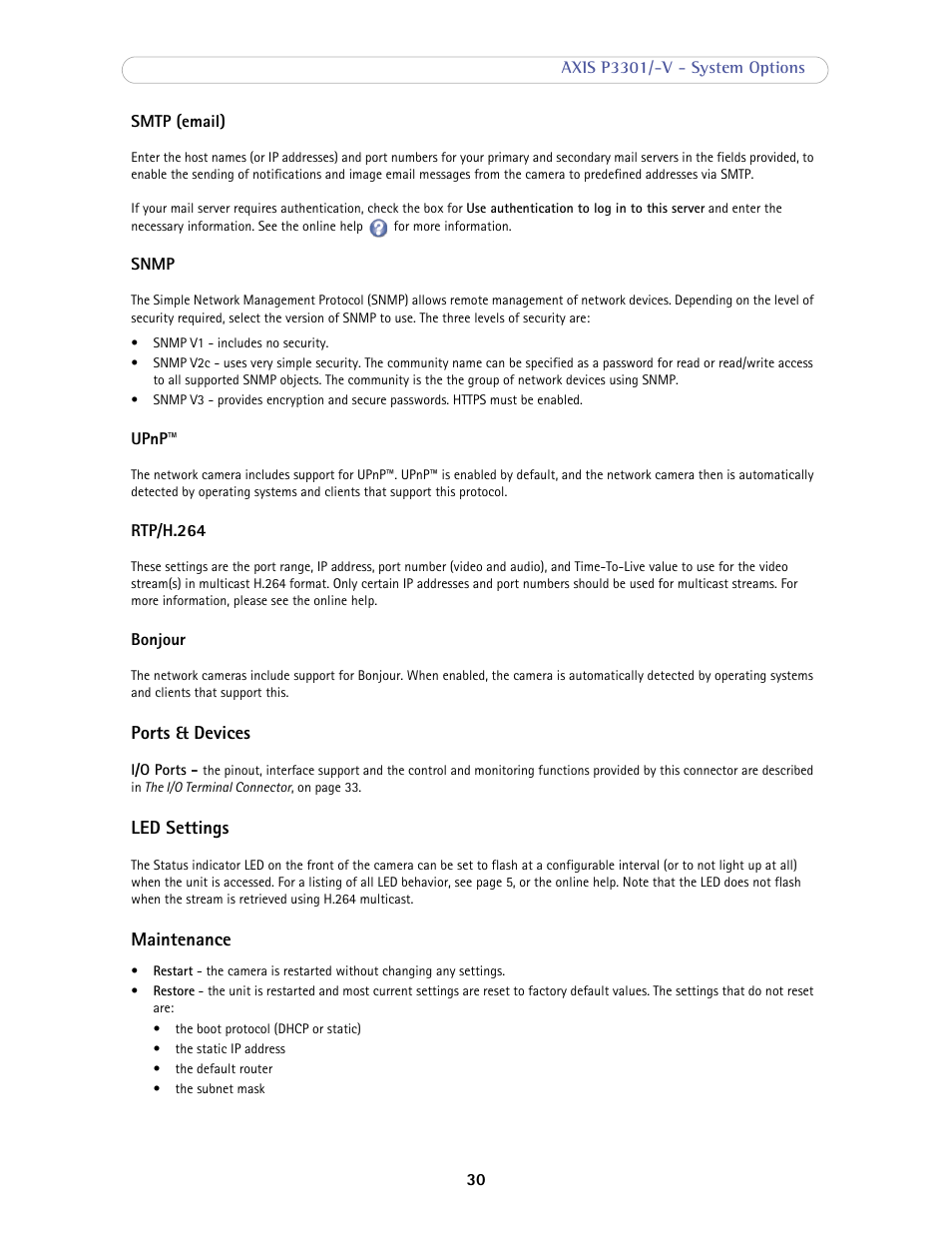 Ports & devices, Led settings, Maintenance | Axis Communications Fixed Dome Network Camera AXIS P3301-V User Manual | Page 30 / 50