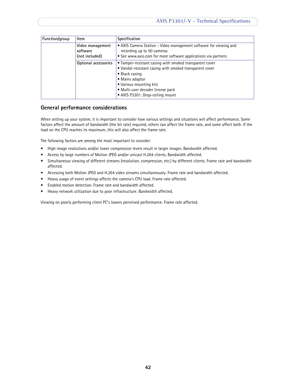 General performance considerations | Axis Communications Fixed Dome Network Camera AXIS P3301-V User Manual | Page 42 / 50