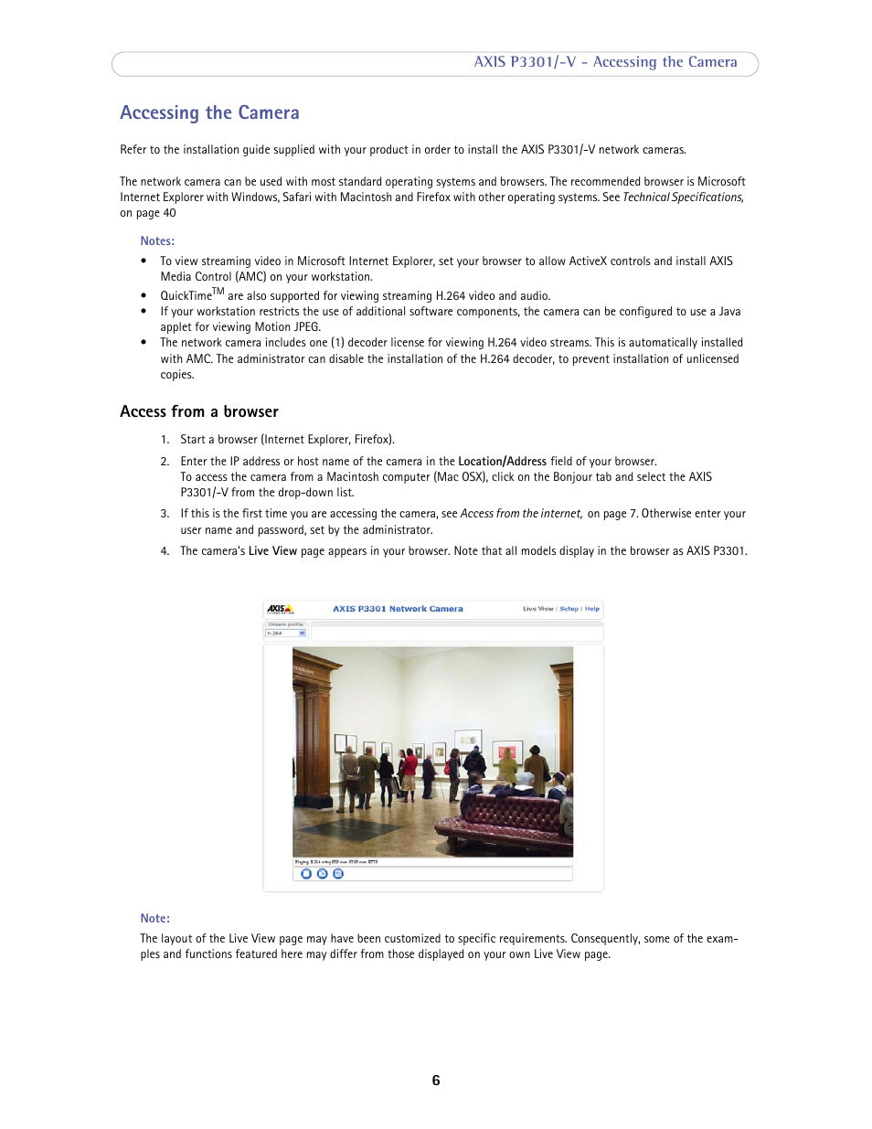 Accessing the camera, Access from a browser | Axis Communications Fixed Dome Network Camera AXIS P3301-V User Manual | Page 6 / 50