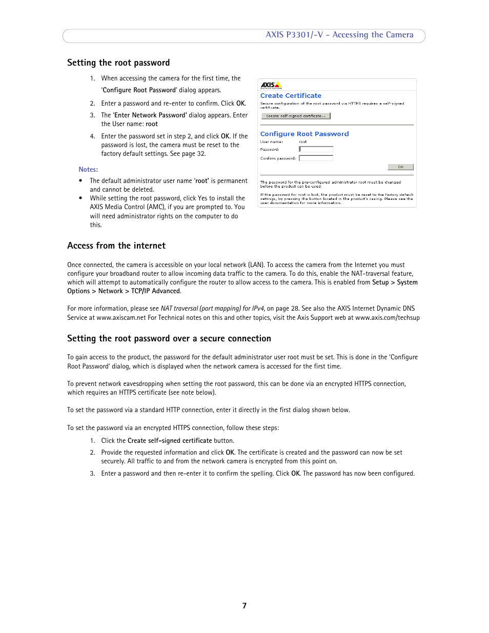 Setting the root password, Access from the internet, Setting the root password over a secure connection | Axis Communications Fixed Dome Network Camera AXIS P3301-V User Manual | Page 7 / 50
