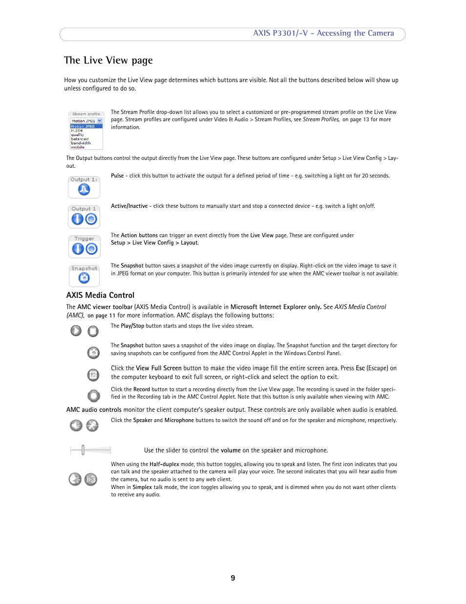 The live view page, Axis media control | Axis Communications Fixed Dome Network Camera AXIS P3301-V User Manual | Page 9 / 50