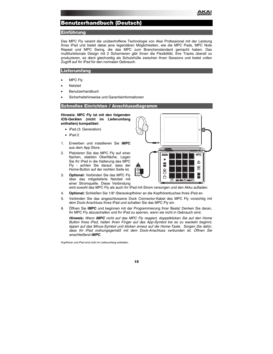 Deutsch, Einführung, Lieferumfang | Schnelles einrichten / anschlussdiagramm, Benutzerhandbuch, Deutsch ( 15 – 17 ), Benutzerhandbuch (deutsch) | Akai mpc_fly User Manual | Page 15 / 20