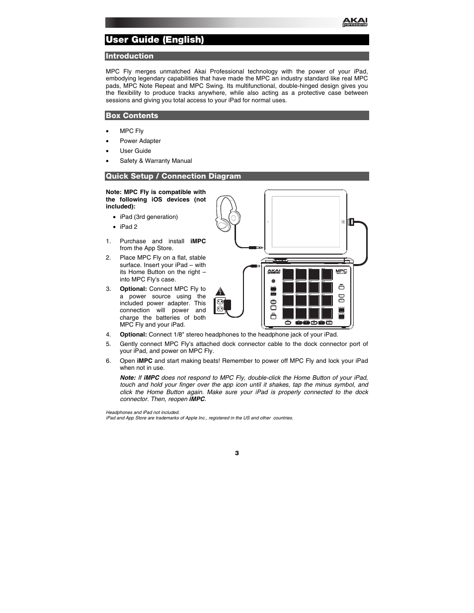 English, Introduction, Box contents | Quick setup / connection diagram, User guide, English ( 3 – 5 ), User guide (english) | Akai mpc_fly User Manual | Page 3 / 20