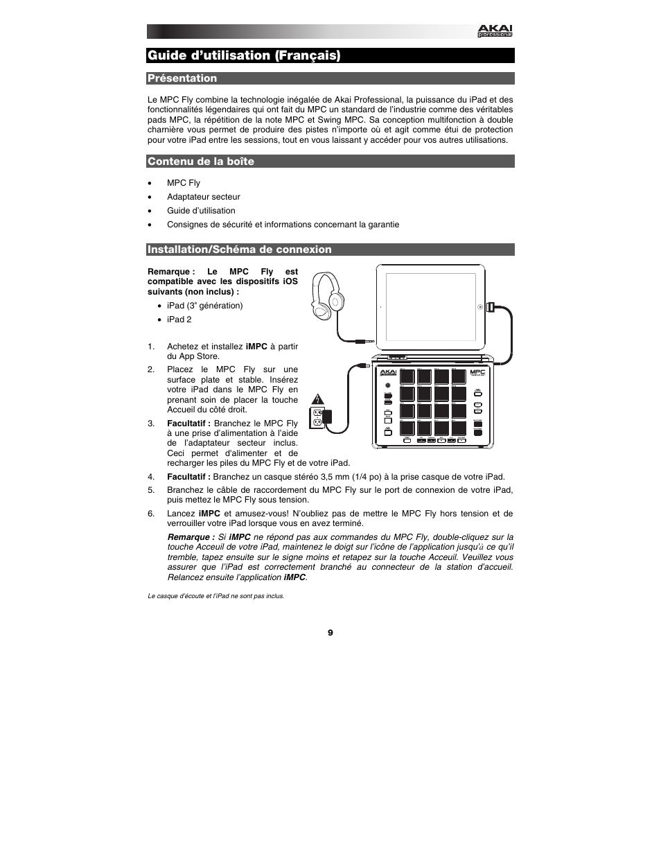 Français, Présentation, Contenu de la boîte | Installation/schéma de connexion, Guide d'utilisation, Français ( 9 – 11 ), Guide d’utilisation (français) | Akai mpc_fly User Manual | Page 9 / 20