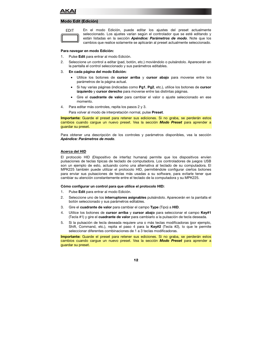 Modo edit (edición), Acerca del hid, Modo edit | Akai MPK225 User Manual | Page 12 / 44