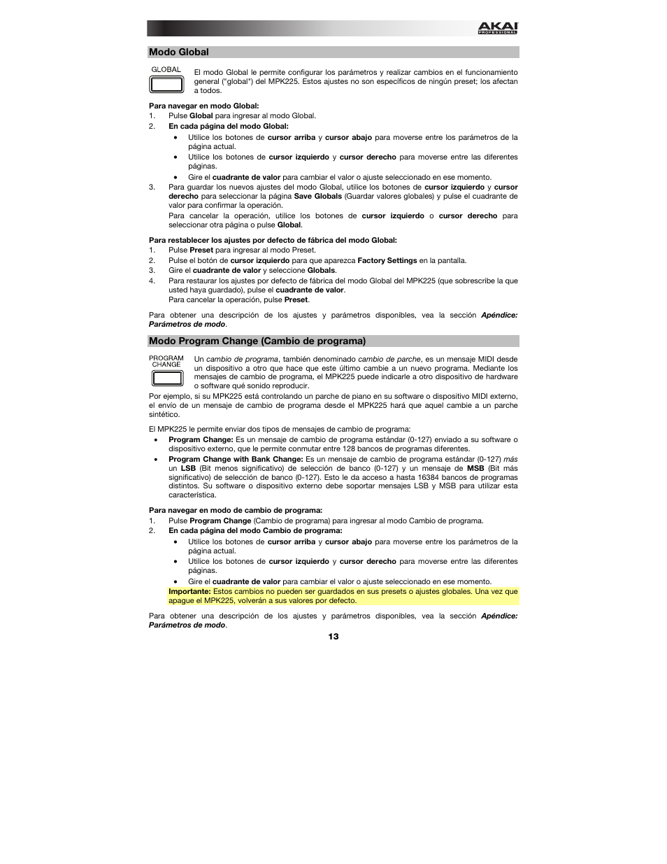 Modo global, Modo program change (cambio de programa), Modo global l | Modo program change | Akai MPK225 User Manual | Page 13 / 44