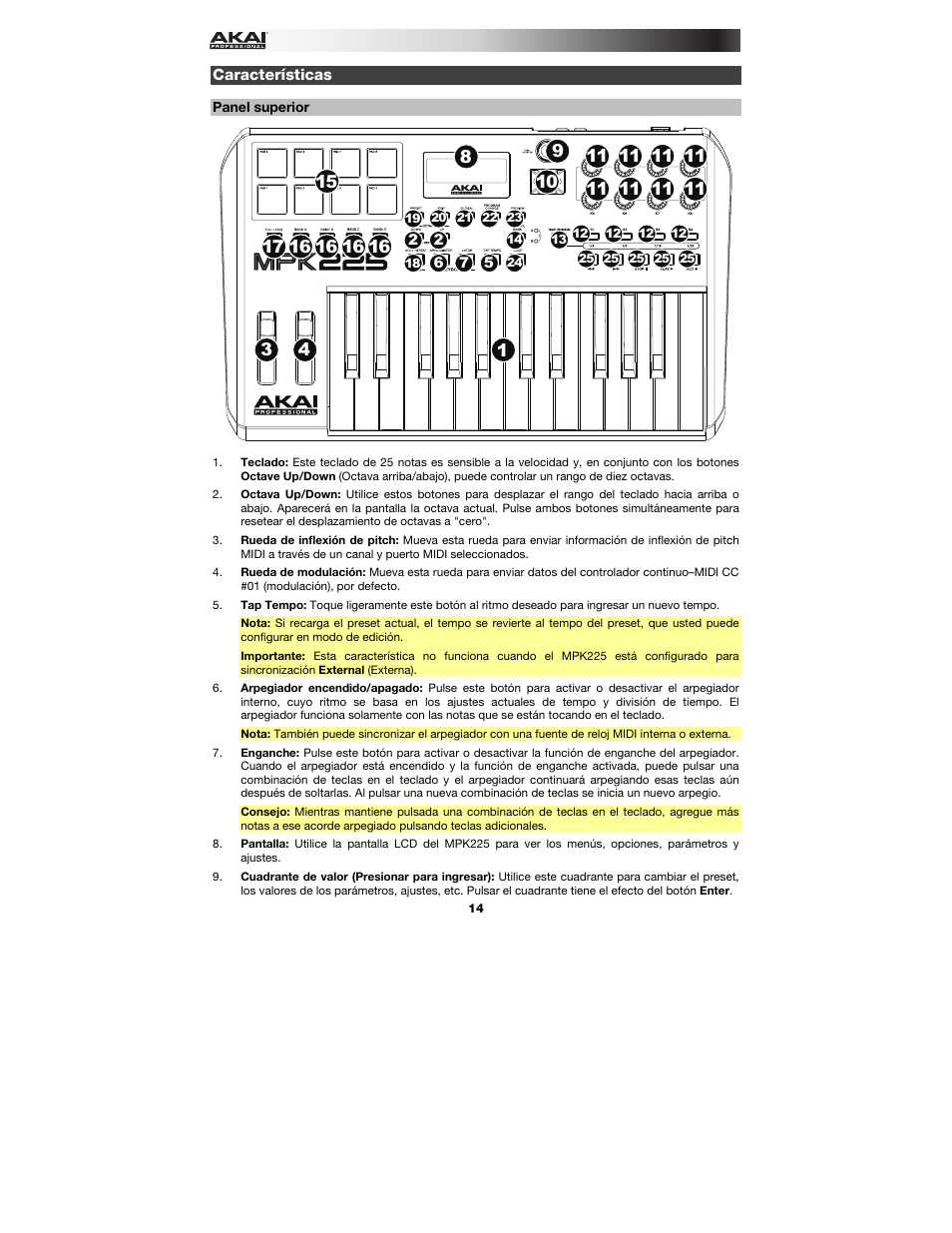 Características, Panel superior | Akai MPK225 User Manual | Page 14 / 44
