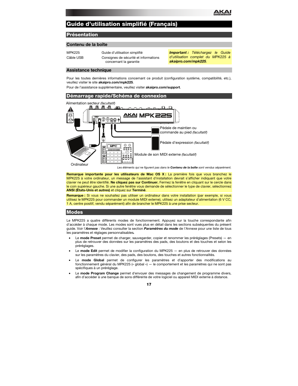 Guide d’utilisation simplifié (français), Présentation, Contenu de la boîte | Assistance technique, Démarrage rapide/schéma de connexion, Modes, Guide d'utilisation simplifié, Français ( 17 – 23 ) | Akai MPK225 User Manual | Page 17 / 44