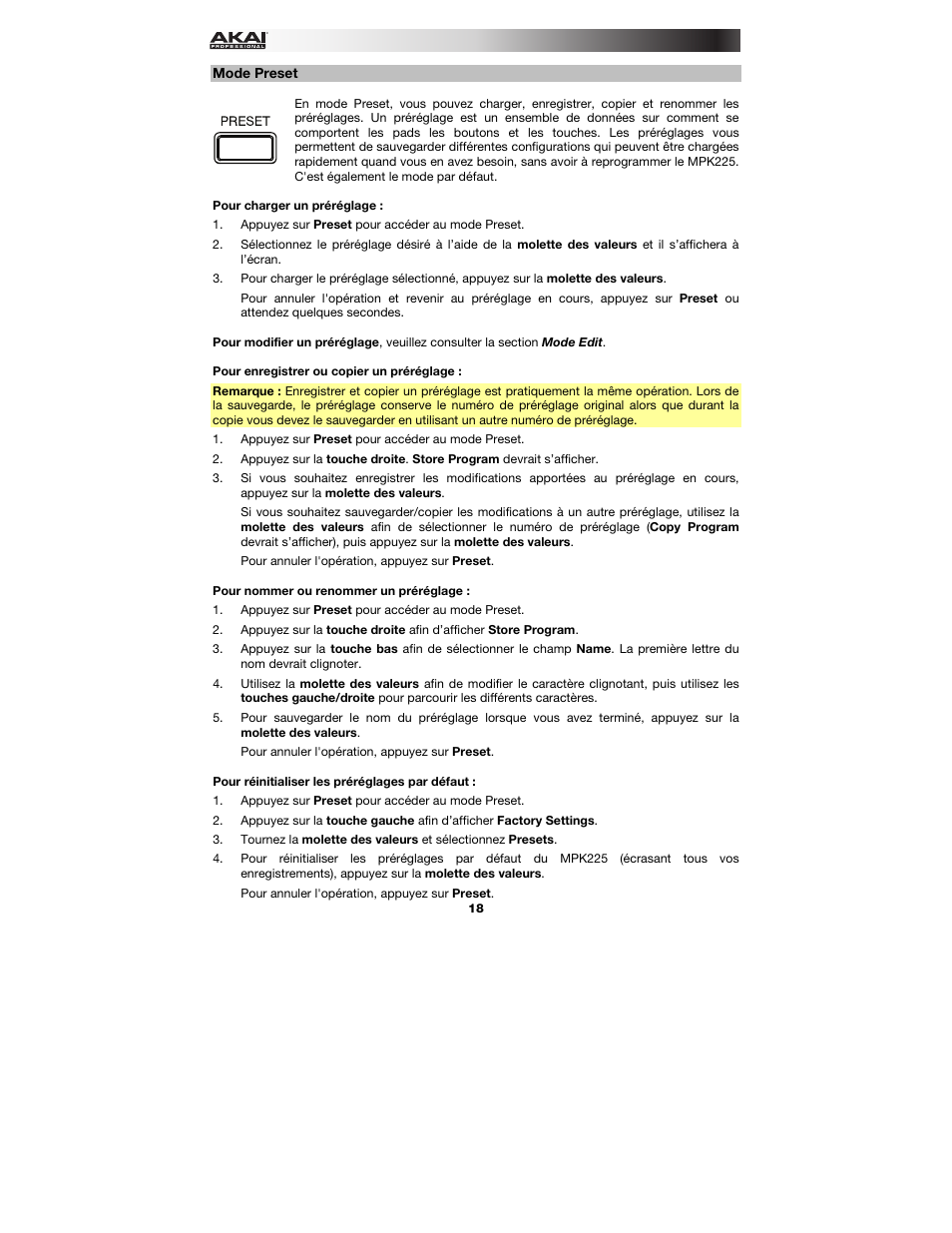 Mode preset | Akai MPK225 User Manual | Page 18 / 44
