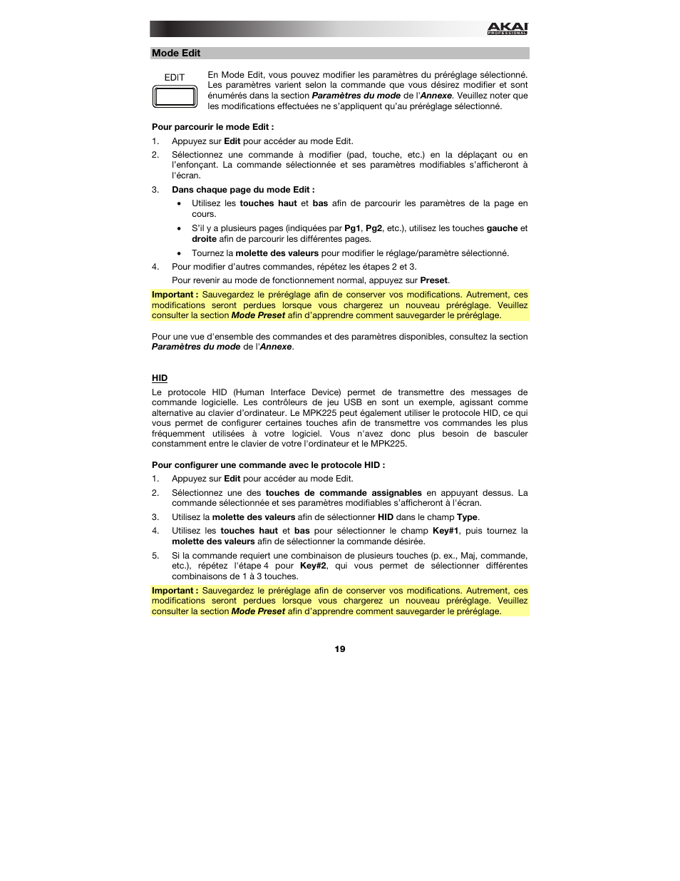 Mode edit | Akai MPK225 User Manual | Page 19 / 44