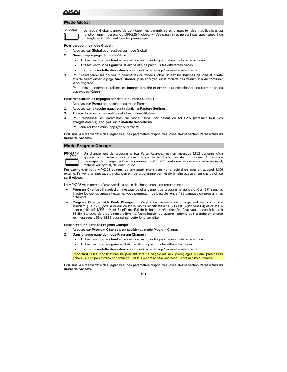 Mode global, Mode program change | Akai MPK225 User Manual | Page 20 / 44