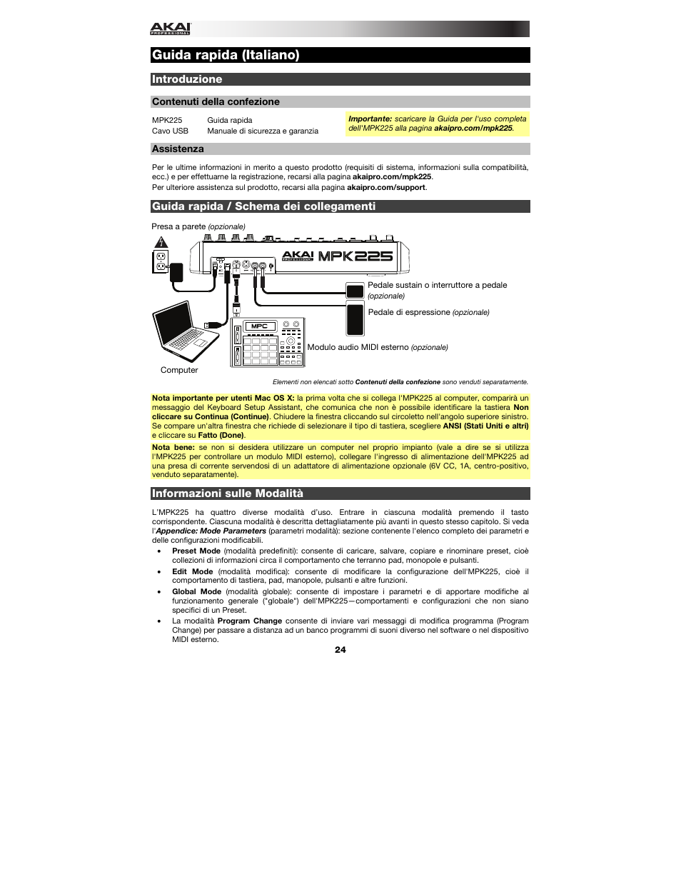Guida rapida (italiano), Introduzione, Contenuti della confezione | Assistenza, Guida rapida / schema dei collegamenti, Informazioni sulle modalità, Guida rapida, Italiano ( 24 – 30 ) | Akai MPK225 User Manual | Page 24 / 44