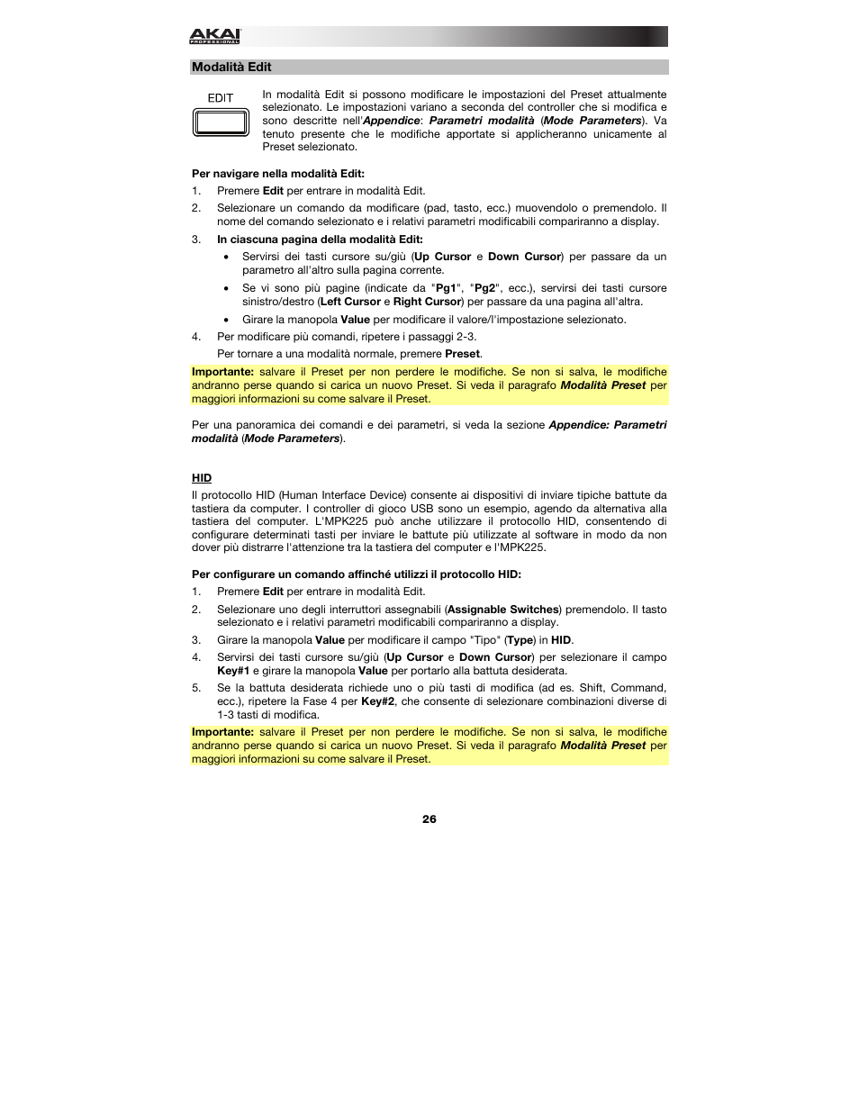 Modalità edit, Edit mode (modalità modif | Akai MPK225 User Manual | Page 26 / 44