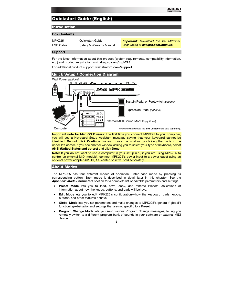 Quickstart guide (english), Introduction, Box contents | Support, Quick setup / connection diagram, About modes, Quickstart guide, English ( 3 – 9 ) | Akai MPK225 User Manual | Page 3 / 44