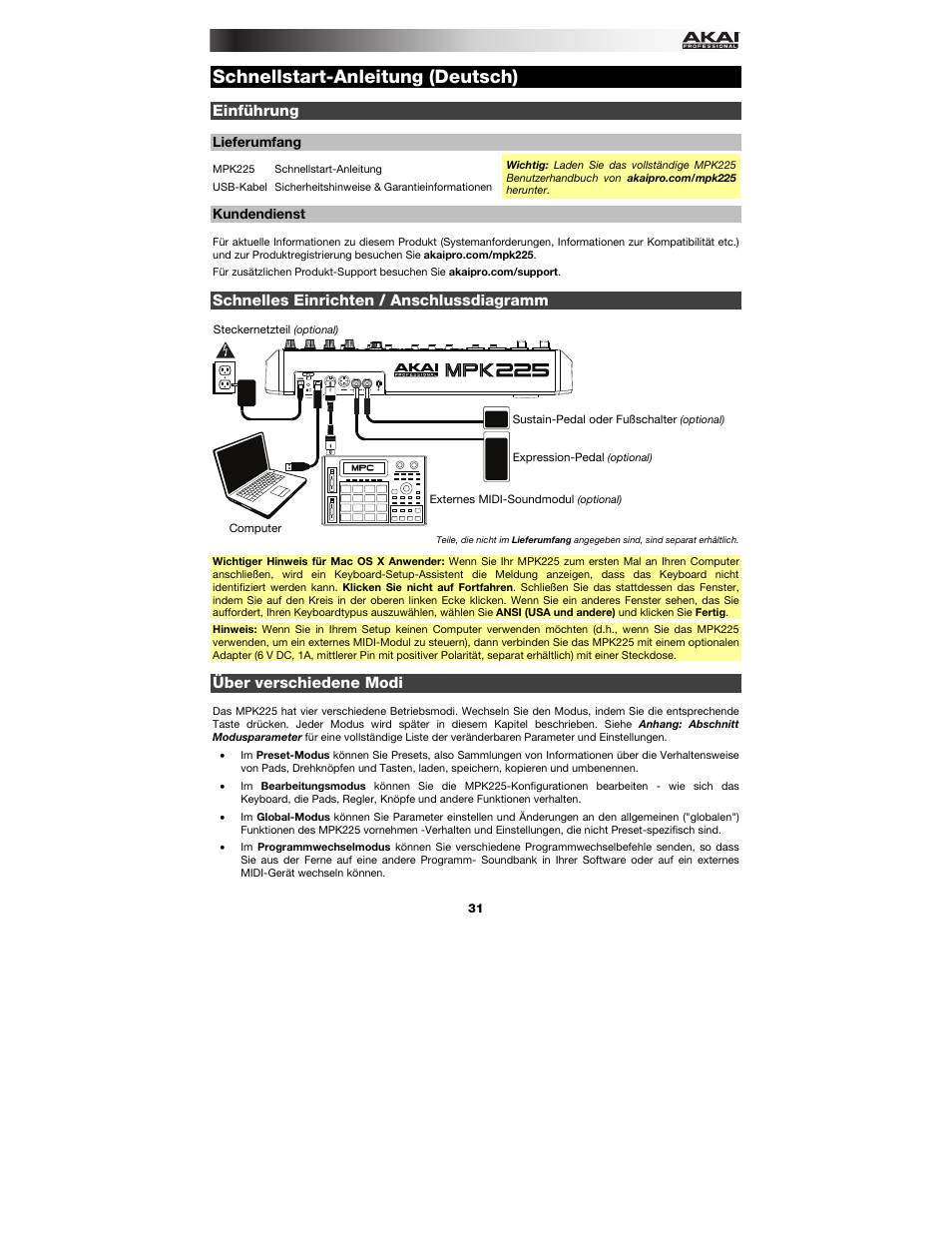 Schnellstart-anleitung (deutsch), Einführung, Lieferumfang | Kundendienst, Schnelles einrichten / anschlussdiagramm, Über verschiedene modi, Schnellstart-anleitung, Deutsch ( 31 – 37 ) | Akai MPK225 User Manual | Page 31 / 44