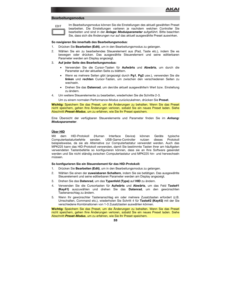 Bearbeitungsmodus, Über hid, Bearbeitungsmodus können | Akai MPK225 User Manual | Page 33 / 44