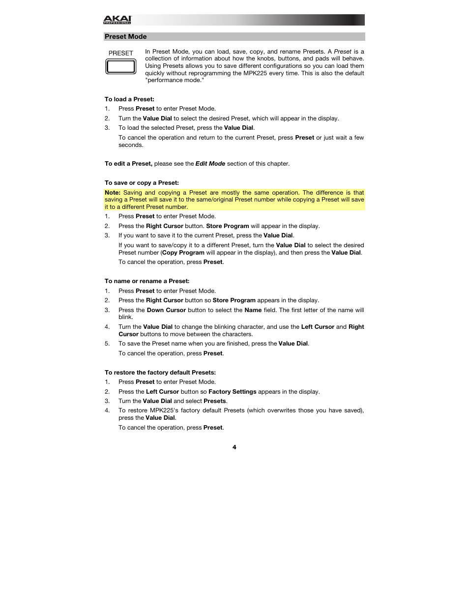 Preset mode, Preset mode l | Akai MPK225 User Manual | Page 4 / 44