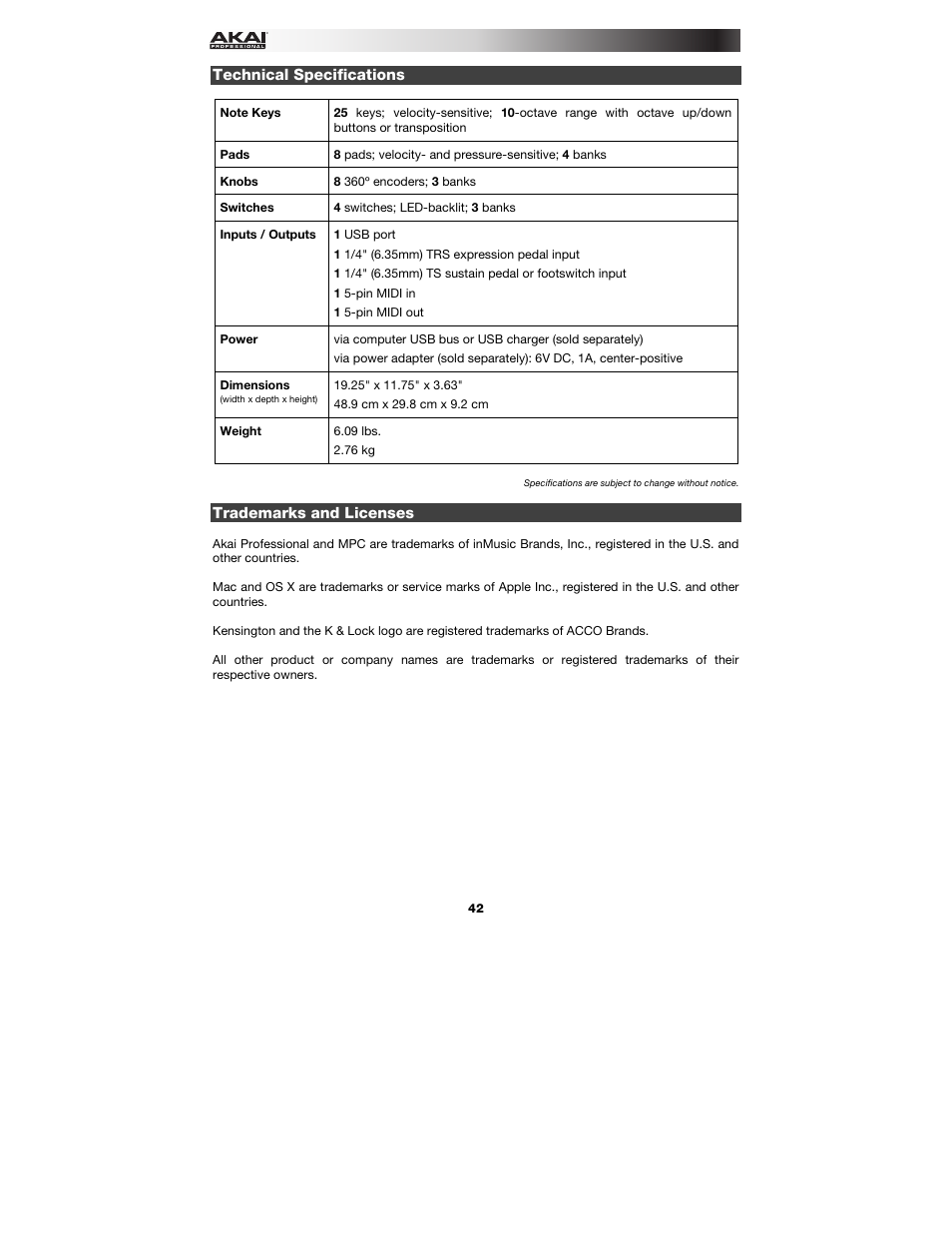 Technical specifications, Trademarks and licenses | Akai MPK225 User Manual | Page 42 / 44