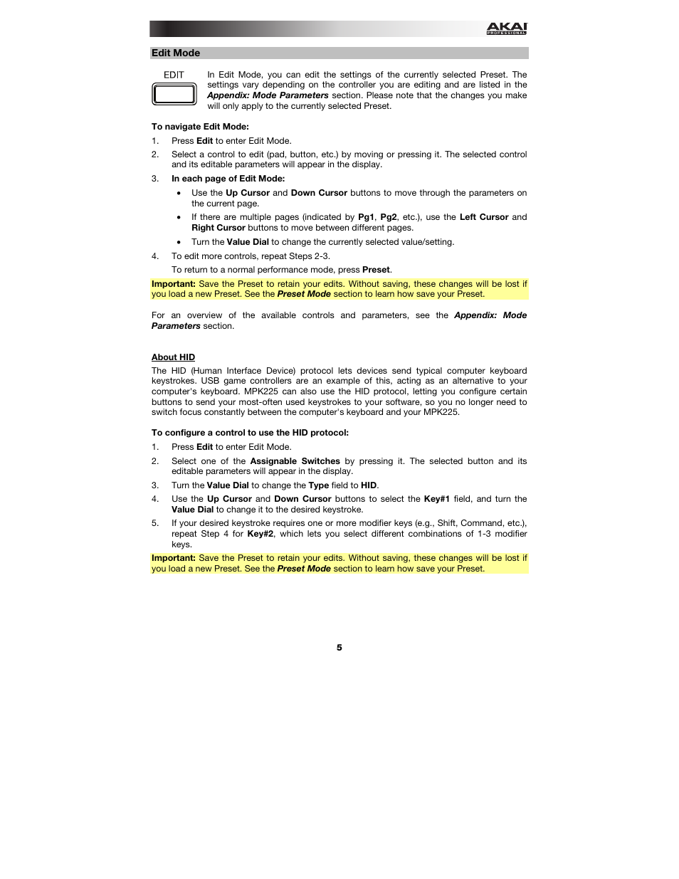 Edit mode, About hid, Edit mode let | Akai MPK225 User Manual | Page 5 / 44