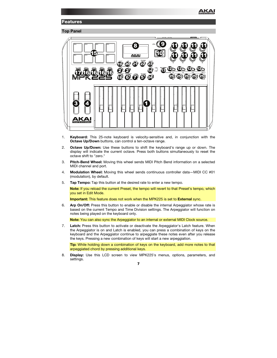 Features, Top panel | Akai MPK225 User Manual | Page 7 / 44