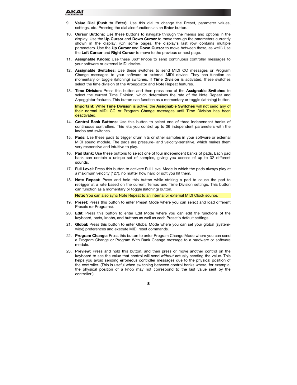 Akai MPK225 User Manual | Page 8 / 44