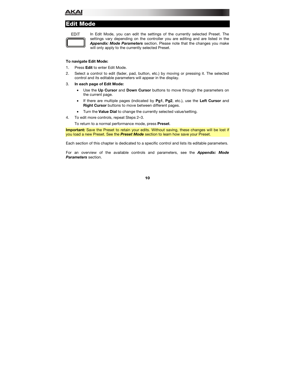 Edit mode, Edit mode let | Akai MPK249 User Manual | Page 10 / 45