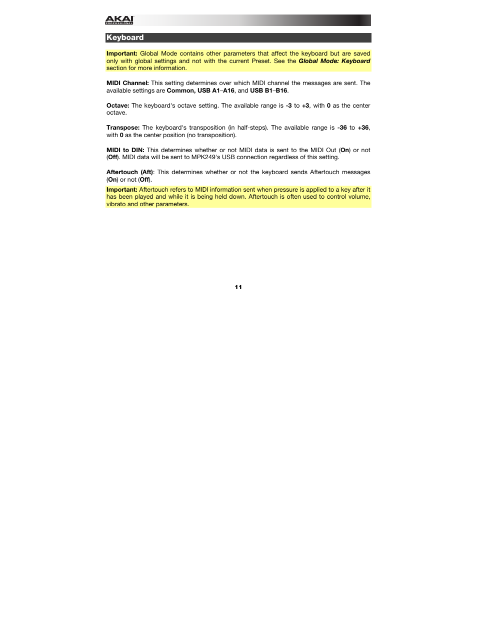 Keyboard | Akai MPK249 User Manual | Page 11 / 45
