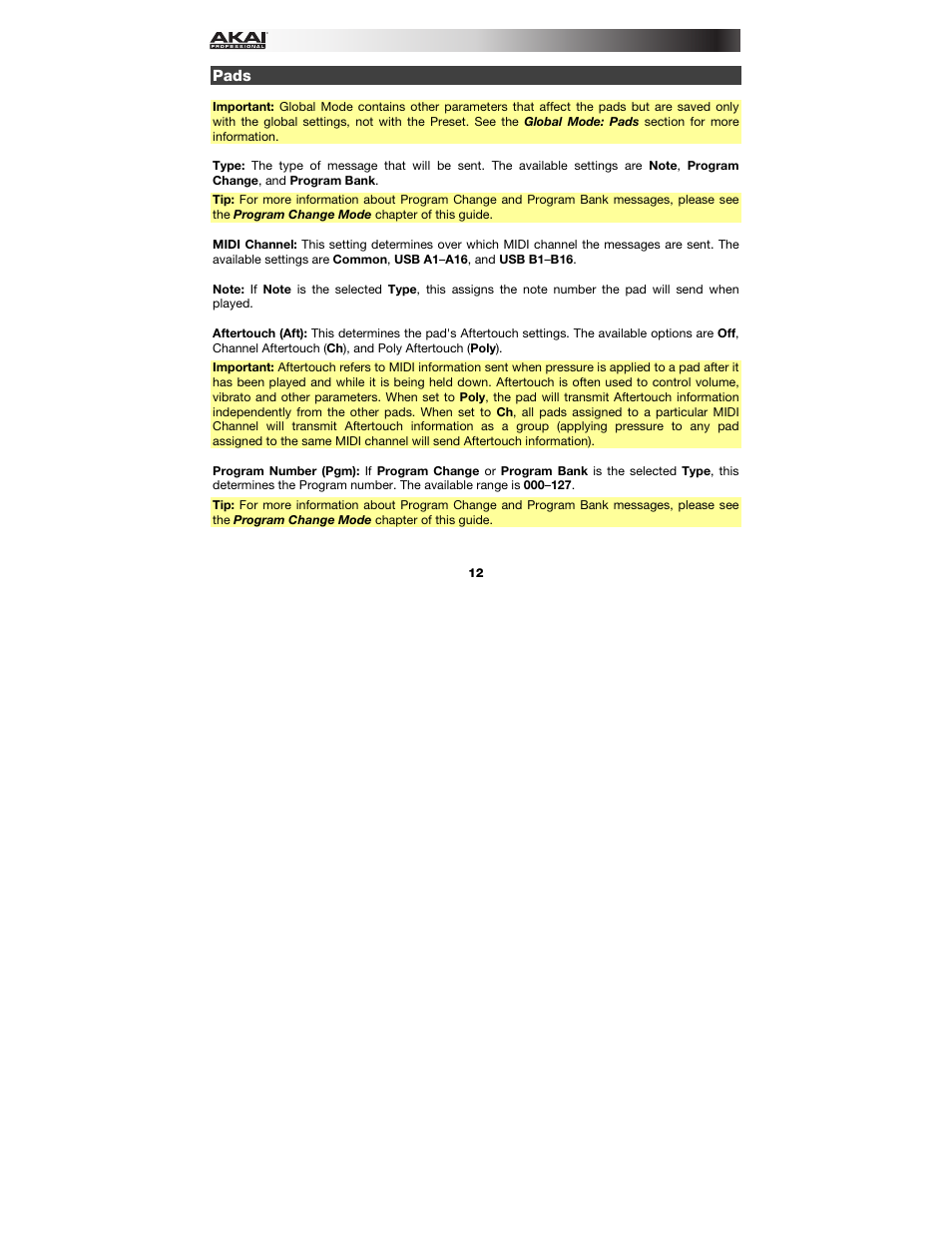 Pads | Akai MPK249 User Manual | Page 12 / 45
