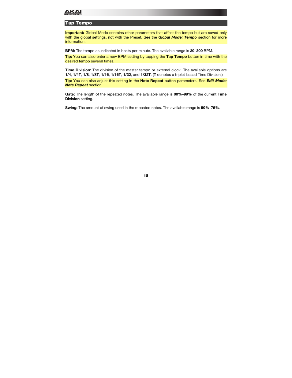 Tap tempo | Akai MPK249 User Manual | Page 18 / 45