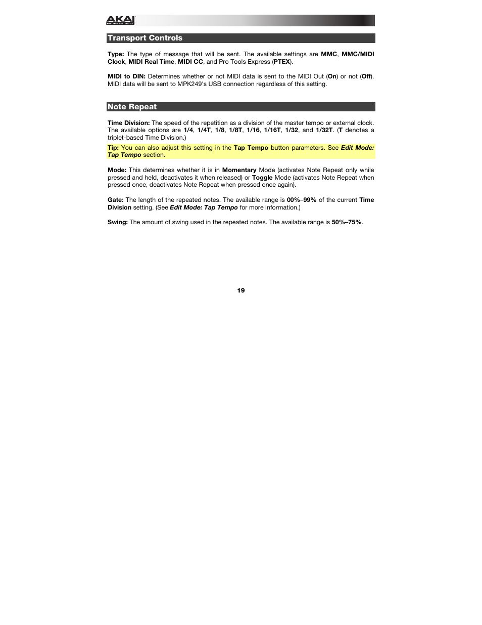 Transport controls, Note repeat | Akai MPK249 User Manual | Page 19 / 45