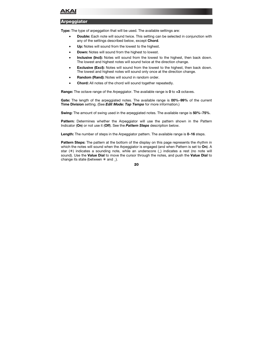 Arpeggiator | Akai MPK249 User Manual | Page 20 / 45