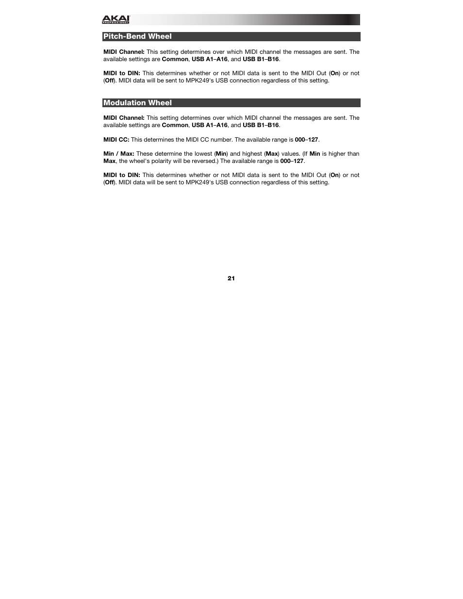 Pitch-bend wheel, Modulation wheel | Akai MPK249 User Manual | Page 21 / 45