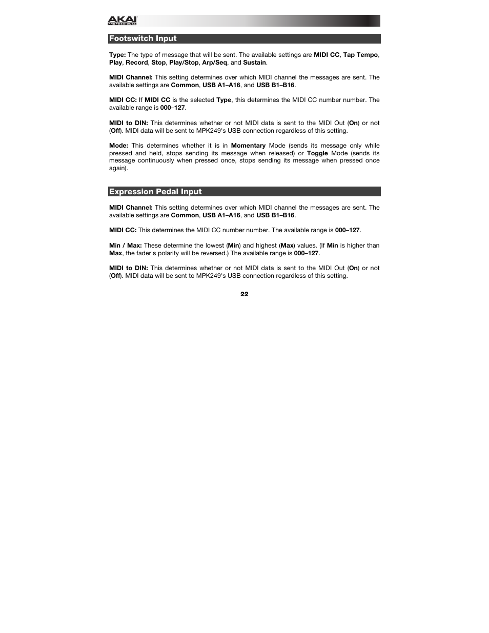 Footswitch input, Expression pedal input, Footswitch inputs | Akai MPK249 User Manual | Page 22 / 45