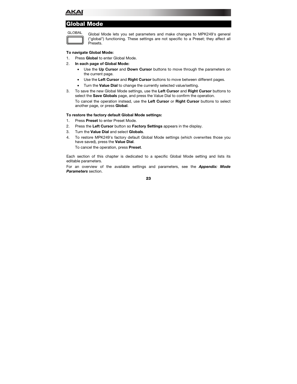 Global mode, Global mode let | Akai MPK249 User Manual | Page 23 / 45