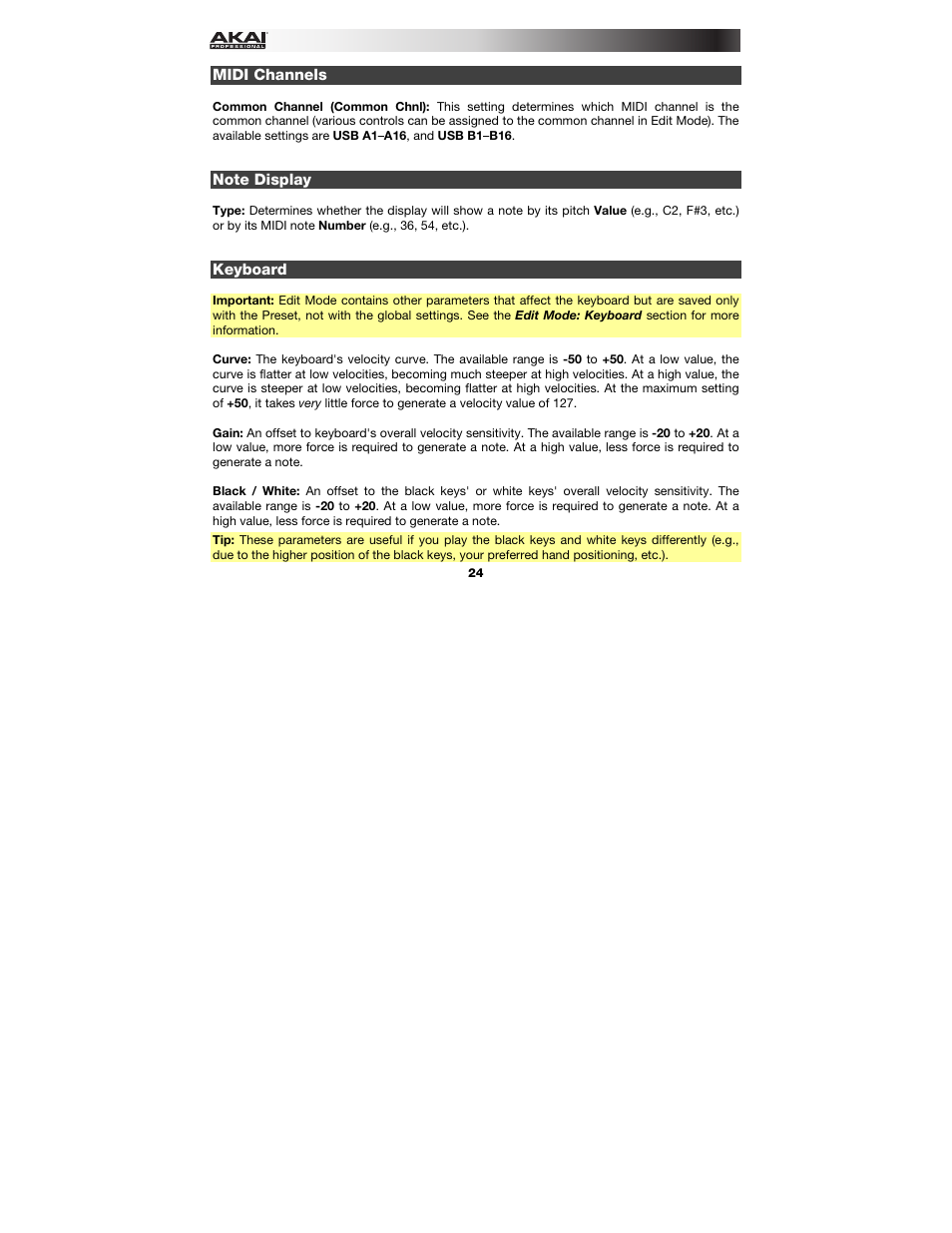 Midi channels, Note display, Keyboard | Akai MPK249 User Manual | Page 24 / 45