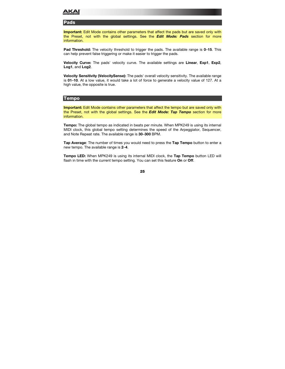 Pads, Tempo | Akai MPK249 User Manual | Page 25 / 45