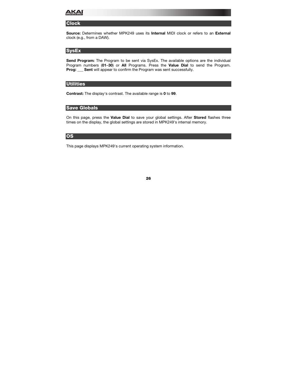 Clock, Sysex, Utilities | Save globals | Akai MPK249 User Manual | Page 26 / 45