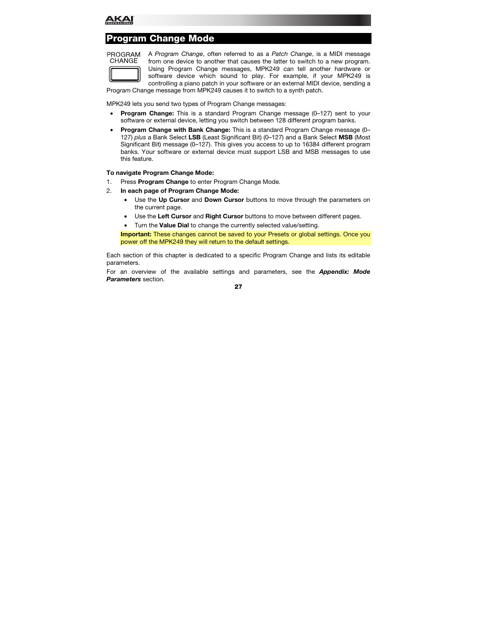Program change mode | Akai MPK249 User Manual | Page 27 / 45