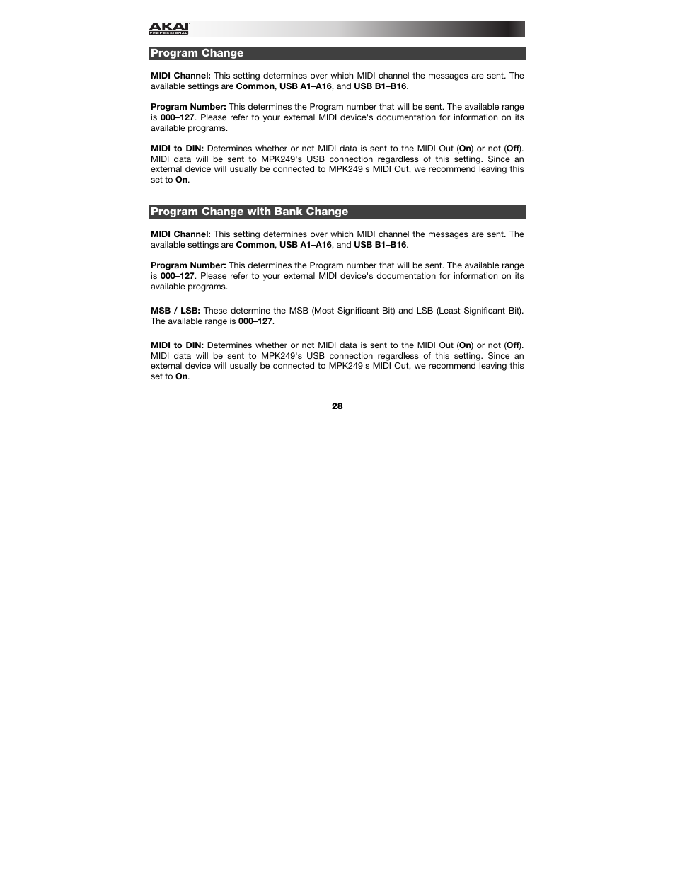 Program change, Program change with bank change | Akai MPK249 User Manual | Page 28 / 45