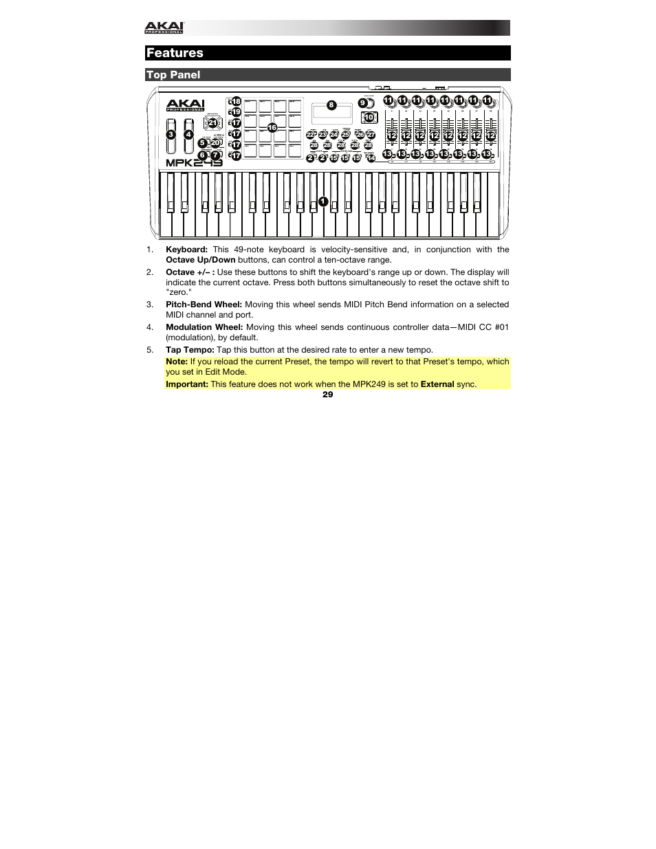 Features, Top panel | Akai MPK249 User Manual | Page 29 / 45