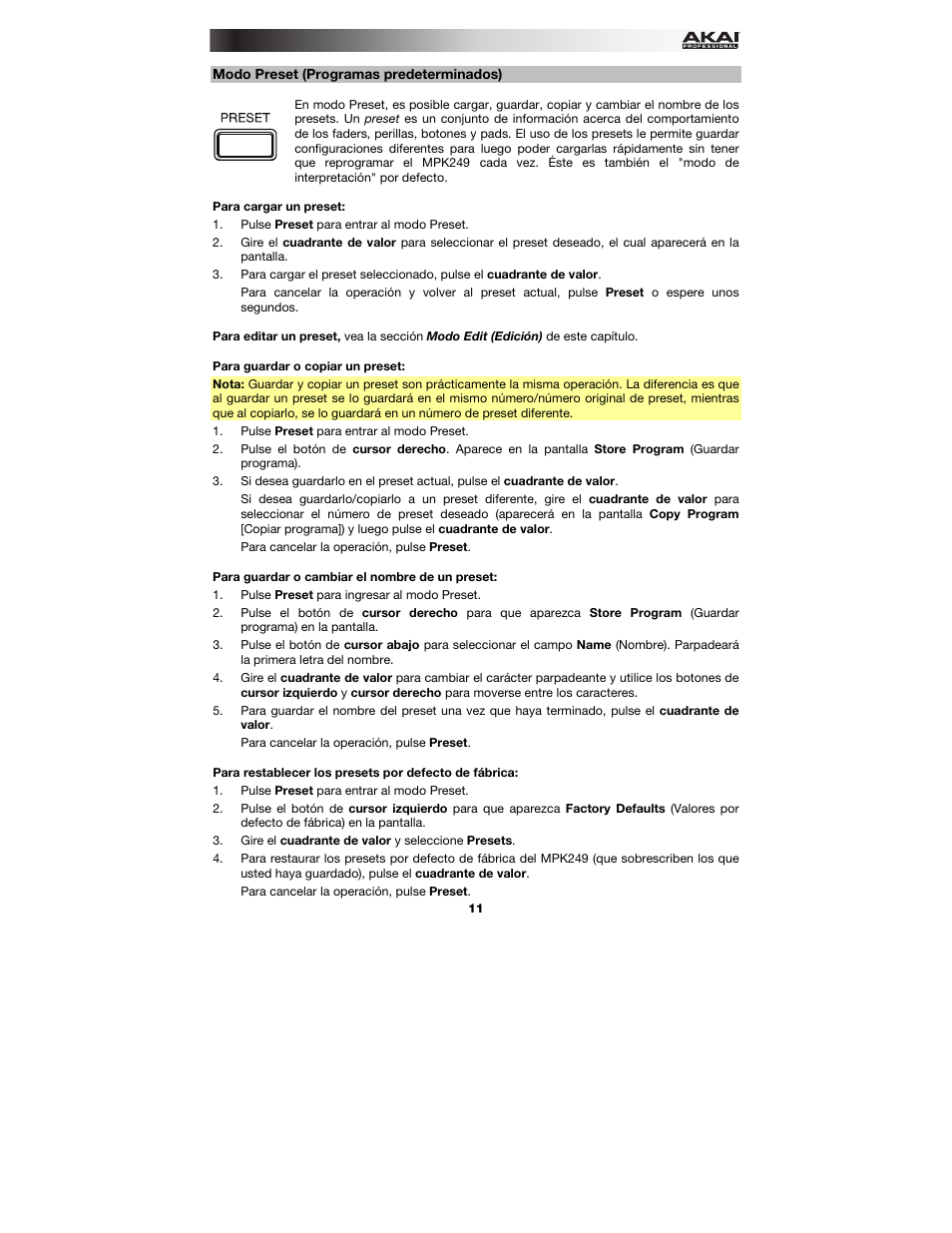 Modo preset (programas predeterminados), Modo preset (c | Akai MPK249 User Manual | Page 11 / 44
