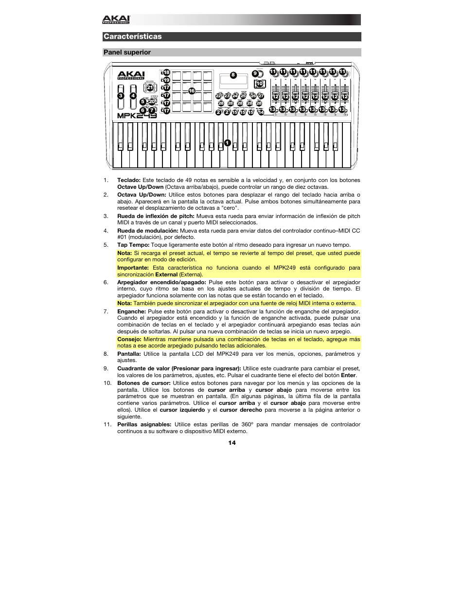 Características, Panel superior | Akai MPK249 User Manual | Page 14 / 44