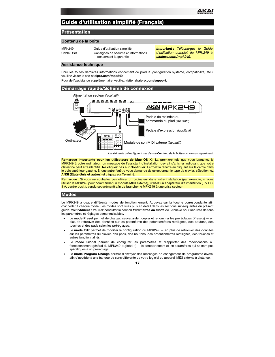 Guide d’utilisation simplifié (français), Présentation, Contenu de la boîte | Assistance technique, Démarrage rapide/schéma de connexion, Modes, Guide d'utilisation simplifié, Français ( 17 – 23 ) | Akai MPK249 User Manual | Page 17 / 44