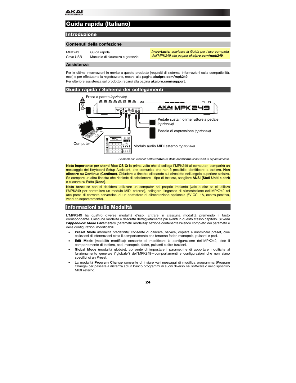 Guida rapida (italiano), Introduzione, Contenuti della confezione | Assistenza, Guida rapida / schema dei collegamenti, Informazioni sulle modalità, Guida rapida, Italiano ( 24 – 30 ) | Akai MPK249 User Manual | Page 24 / 44