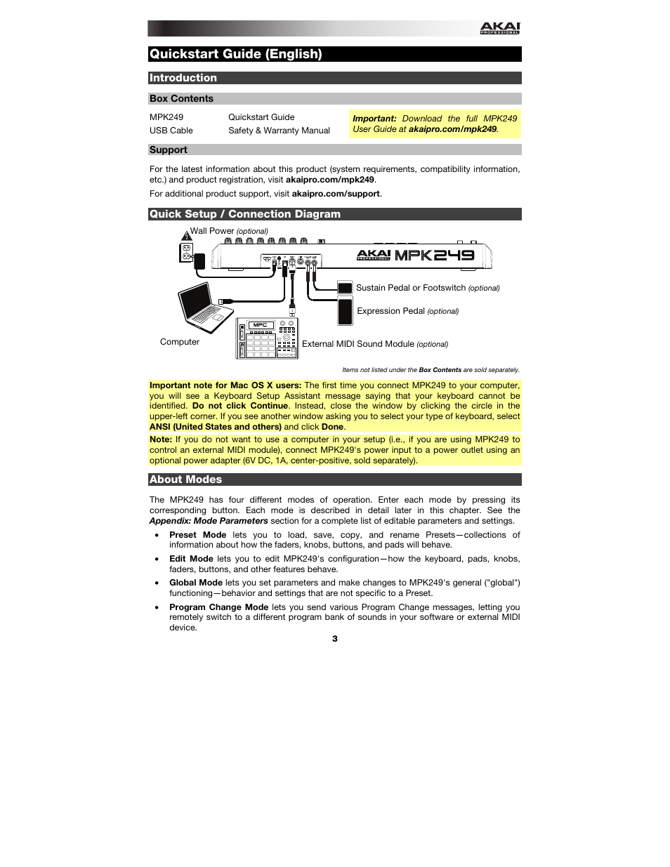 Quickstart guide (english), Introduction, Box contents | Support, Quick setup / connection diagram, About modes, Quickstart guide, English ( 3 – 9 ) | Akai MPK249 User Manual | Page 3 / 44